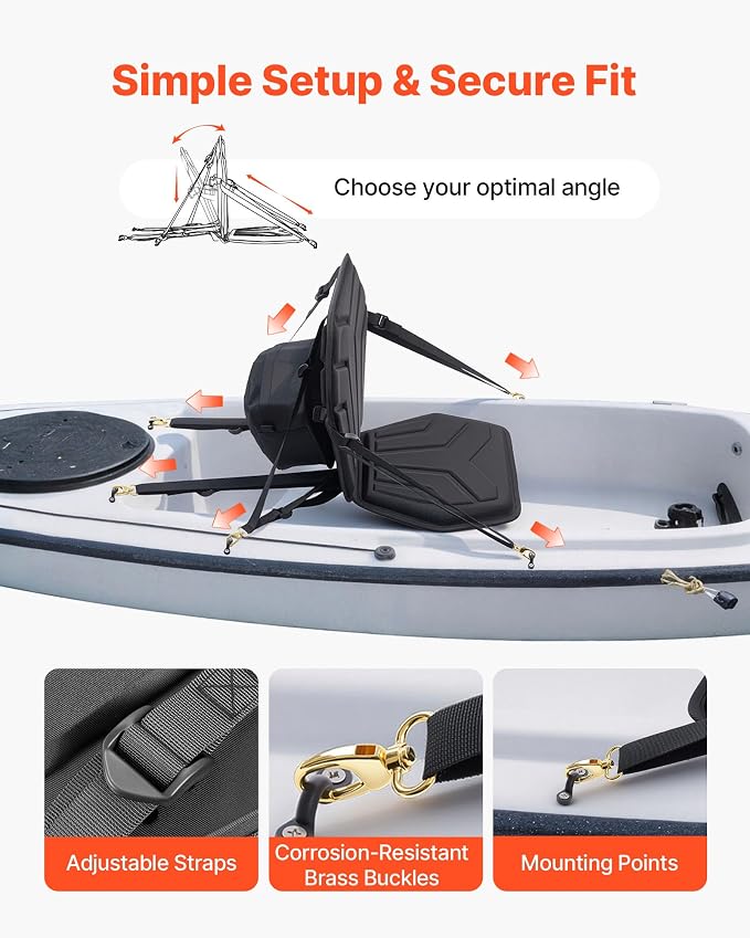 VEVOR Kayak Seat, Universal Paddle Board Seat with Adjustable Back Support, Multiple Thickness Options (0.5” to 2.6”), Soft Padded Cushion & Storage Bag for SUP, Canoe, Fishing Boat, Inflatable Kayak