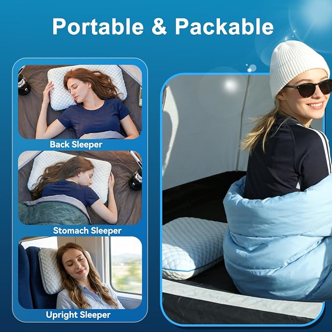 Camping Pillow with Memory Foam-Compressible Medium Firm, Ultralight Cooling Travel Pillow, Outdoor Pillows Ideal for Backpacking, Hiking, Camping, Airplane,Car, Small Beach Pillow with Washable Cover