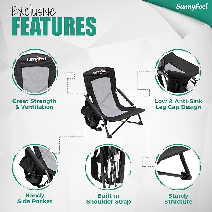 SUNNYFEEL Low Beach Chair 2 Pack, High Back Folding Beach Chairs for Adults with Cup Holder & Side Pocket, Lightweight Backpack Sand Chair Portable for Beach Camping Concert Lawn