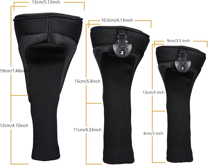 Black Golf Club Head Cover for Driver Fairway 3 Pcs Woods Headcovers, Golf Accessories Hybrid Head Covers Set with Interchangeable Tags 3 4 5 7 X