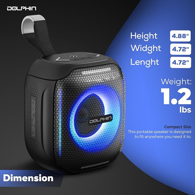 Dolphin S10 Portable Bluetooth Speaker - LED Lights - IPX5 Water Resistant Wireless Speaker - 5W Stereo Sound - Bluetooth 5.3-6H Playtime - Compact Mini Speaker for Beach Pool Fitness Travel Outdoor