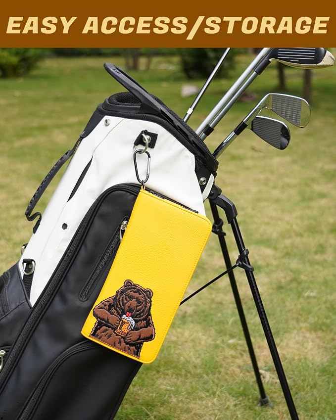 Golf Glove Holder Case for Accessories Portable Golfer Gifts for Men & Women Caddy Organizer Case with Storage Slots for Cards, Tees & Ball Markers Embroidered Beer Bear