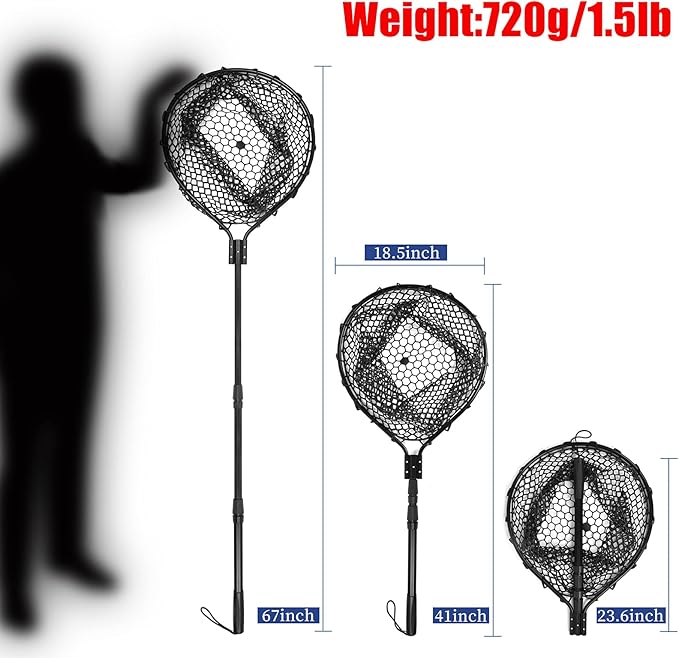 Rubber Fishing Net Large Folding Landing Collapsible Aluminum Pole Handle with Deep Net for Fishing,Big Fishing Net for Freshwater and Saltwater,Fly Fsihing Net Extend to 67 inches