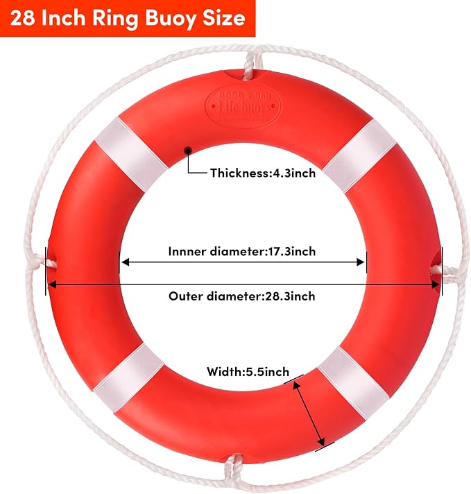 Life Ring 23"/28" Boat Safety Throw Buoy with Reflective Tape & Grab Lines - Orange Life Rings for Boats,Includes Water Floating Saving Rope