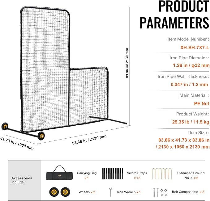 VEVOR Batting Screen - Baseball & Softball Protector with Carry Bag & Ground Stakes, Pitching Net for Pitchers Protection