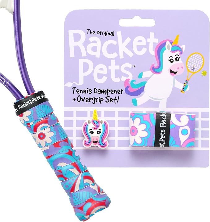 Racket Pets Kids Tennis Racket Dampener & Matching Overgrip Tape, Unicorn & Shark