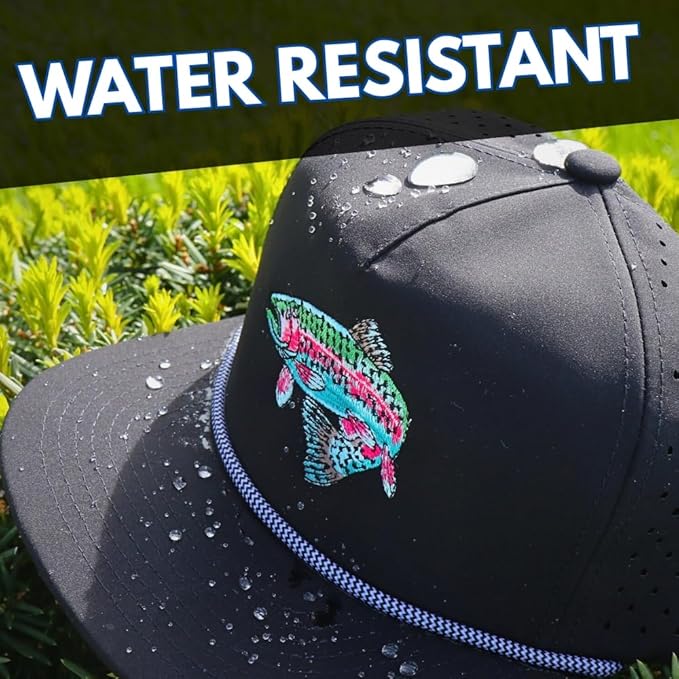 Trout Hat for Men - Dri-Fit Snapback Fishing Cap with Embroidered Rainbow Trout - Performance Laser Back Hat