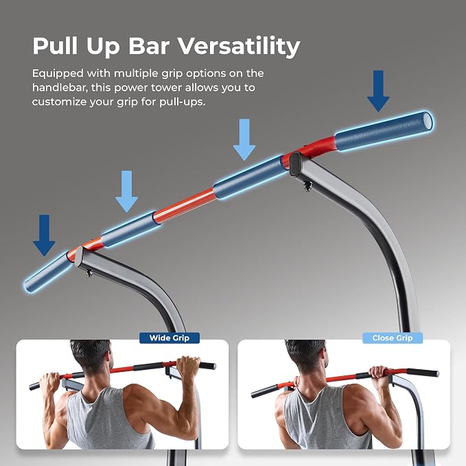 Sunny Health & Fitness Power Tower Dip Station & Pull-Up Bar, Multi-Function Strength Training Equipment with Captain’s Chair, Push-Up Bars & Core Workout for Home Gym