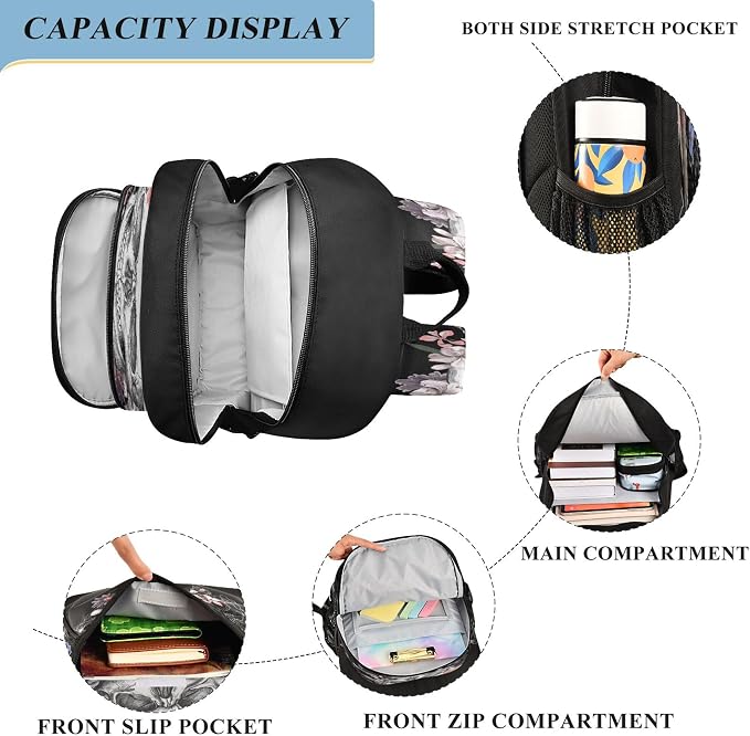 Fisyme Flower Skull School Backpack Laptop Backpack Bags Bookbag Travel Casual Computer Notebooks Daypack