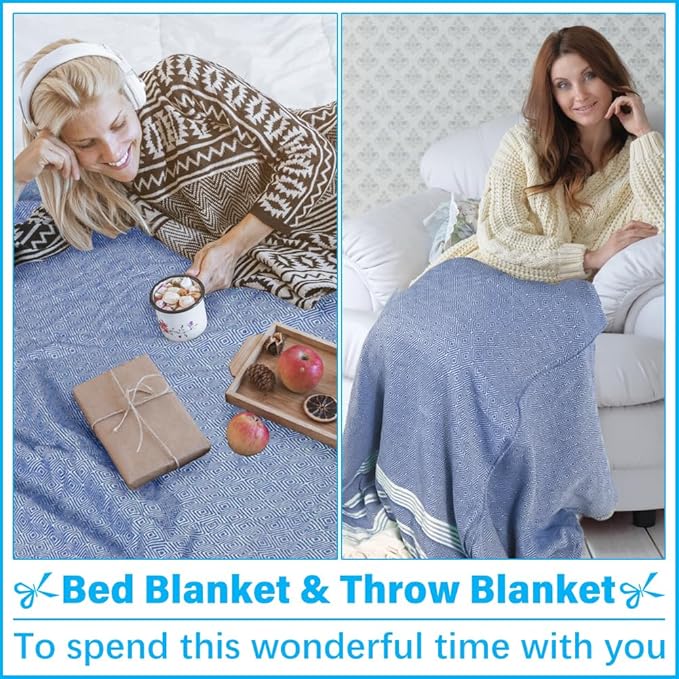 Oversized Turkish Beach Towel Blanket XXL Cotton Sandproof Towels Boho Woven Extra Large Big Sand Free Giant Throw Blankets Huge Quilt XL Picnic Camping Necessities Cloud For Adult Gifts Blue