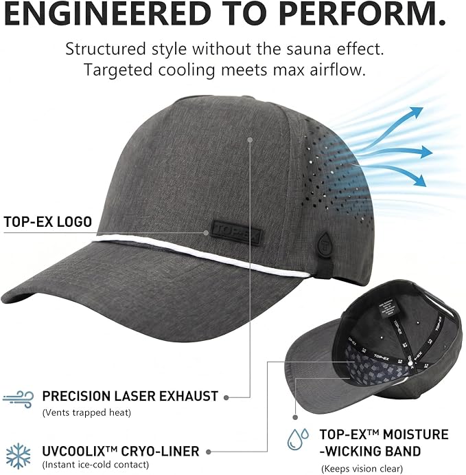 TOP-EX Performance Baseball Hat for Men Water Resistant Golf Cap Running Cooling Snapback Laser Perforated