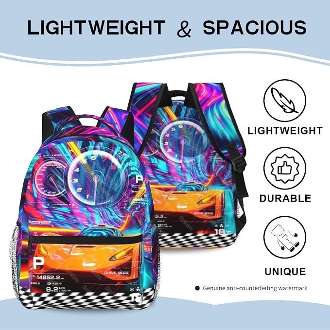 Kids Racing Car School Backpack For Boys Cool Sports Car Boys Backpack For Kids Children Teens Elementary Middle School Car Bookbag Travel Back Pack for Age 6-18