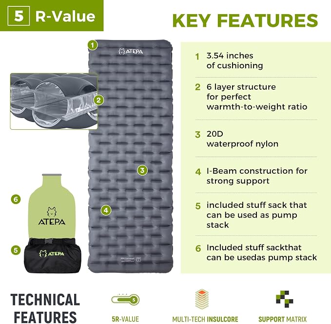 ATEPA ThermAir Ultralight Sleeping Pad for Camping & Backpacking, 5 R-Value Insulated Inflatable Air Mattress with Pump Sack, Compact 3.5” Thick Sleeping Mat, Wide Long Size