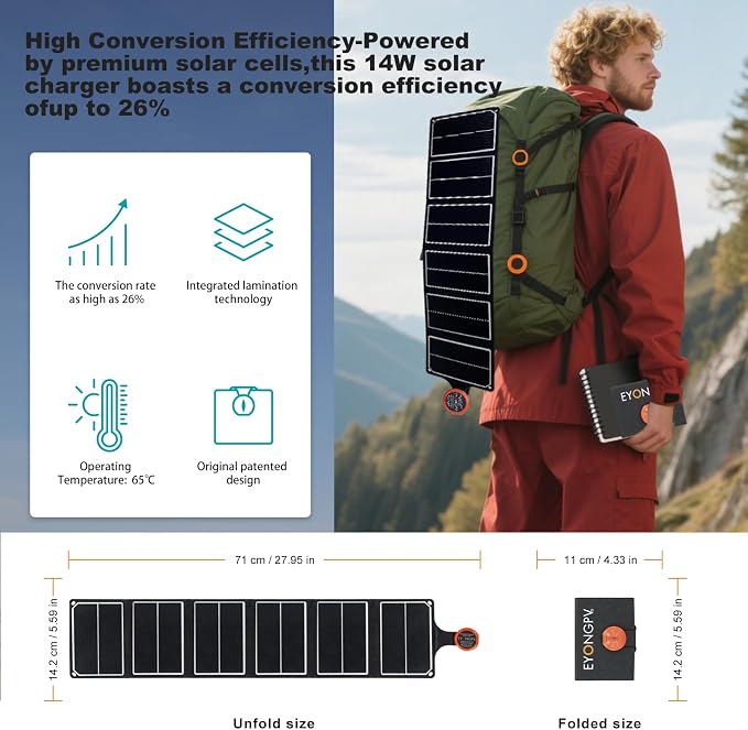 EYONGPV 14W Portable Foldable Solar Panel & Solar Charger with Croc-Eye USB-C Output, IP67 Waterproof Compact Solar Charger for Phones, Power Banks, Camping, Hiking, Backpacking