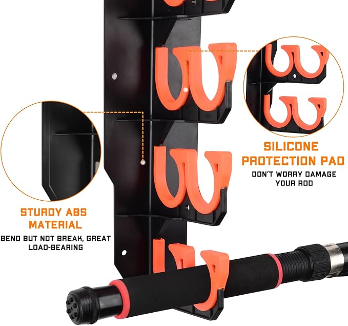 Hikeen Fishing Rod Holders, Fishing Pole Holders for Garage, Wall or Ceiling Mounted Fishing Rod Rack Holds Up to 10 Rods（1 Pack）