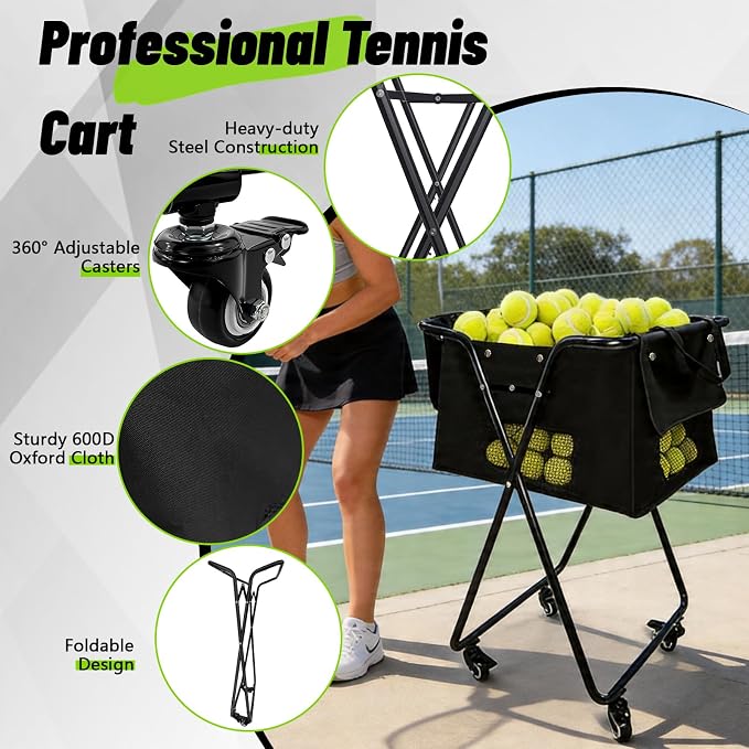 Tennis Ball Hopper Cart with 4 Wheels，Foldable Large Capacity Pickleball Tennis Ball Collector for Court Training, Coaching