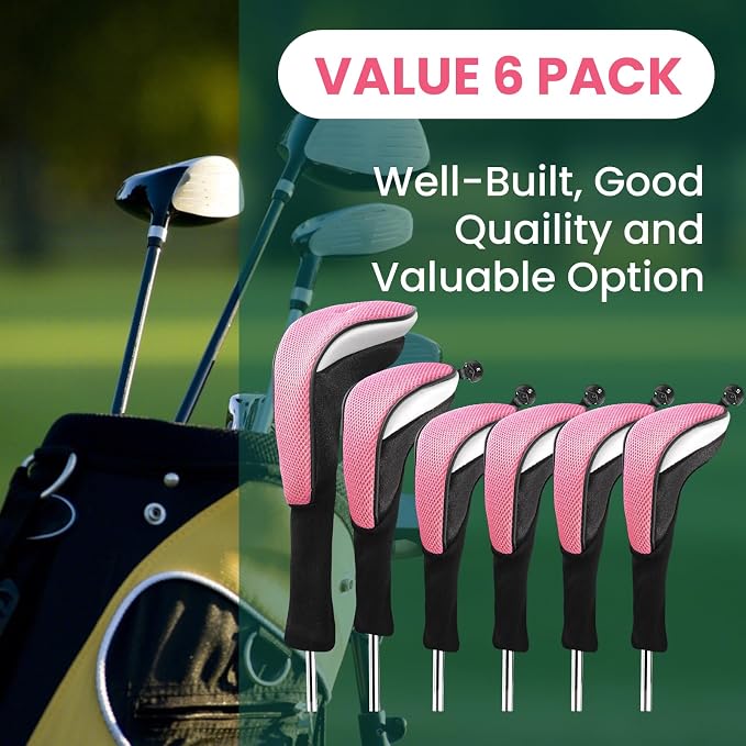 Golf Club Head Covers for Woods Driver Fairway Hybrids Value 6 Pack, Long Neck for Serious Protection with Interchangeable Tags 3 4 5 7 X, Headcovers for Men Women in Black & Pink