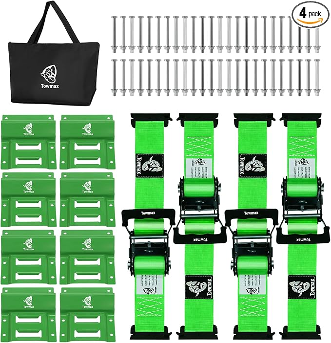 UTV Wheel Chock Tie-Down Kit - 4,500lb Break Strength Heavy Duty Trailer Tire Straps System - 4Pack 2" x 8' E Track Ratchet Straps for SXS, UTV, ATV, Lawn Mower (Bright Green)