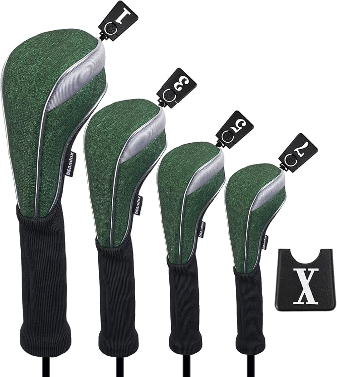 Andux 4pcs/Set Nylon Golf Wood Club Head Covers with Long Neck | for 460cc Driver Fairway Wood Club Silver Piping Pull-On Closure