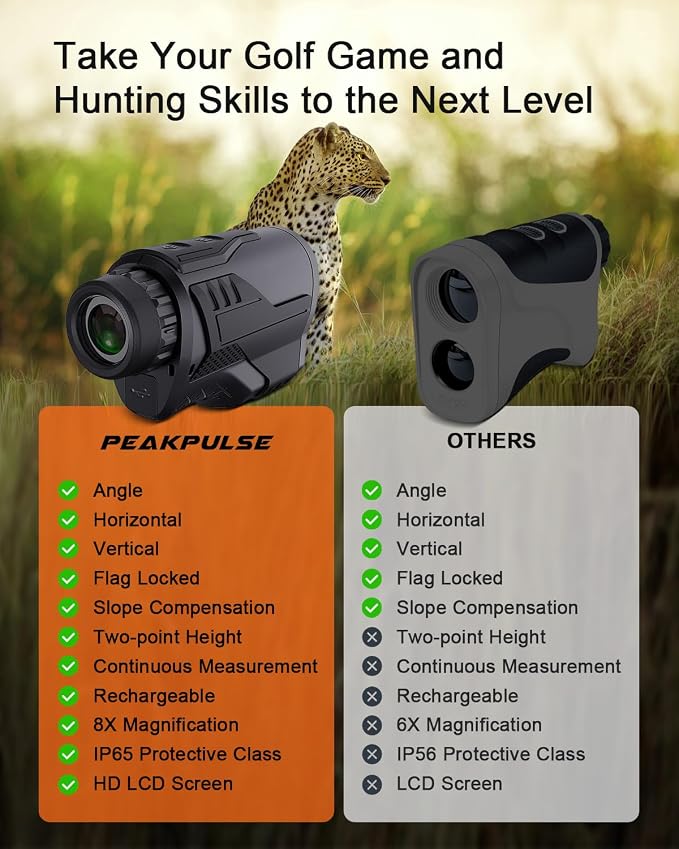 PEAKPULSE Hunting Range Finder for Hunter Golf Golfer HDLCD Display 1200Yds & 2200Yds 8X Magnification IP65 Rechargeable HCD Los Scan Angle Height Measurement Archery Shooting Bow