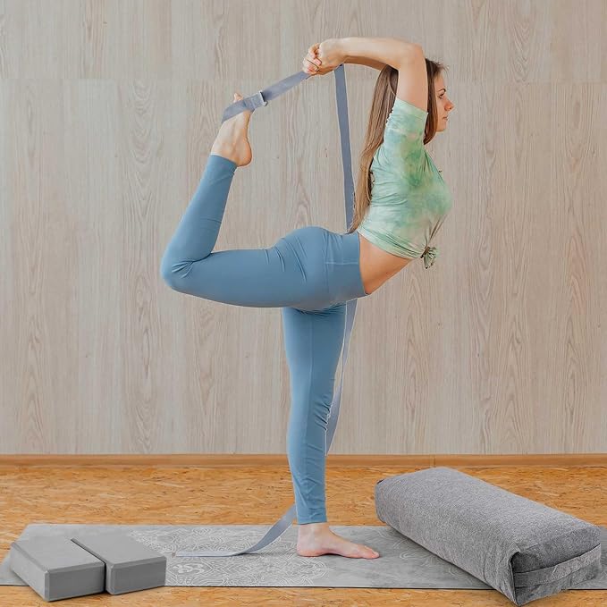 4 Pcs Yoga Bolster Pillows Blocks with Strap Set Comfortable Meditation Pillow with Carry Handle for Restorative Non Slip Reusable Yoga Blocks for Balance, Pilates, Washable Cover