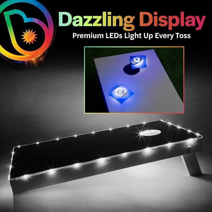 Brightz Cornhole Board Edge Lights with LED Bags - Includes 4-Pack of LED Cornhole Bags + TossBrightz Cornhole Board Edge Lights - The Ultimate Night Time Cornhole Master Set