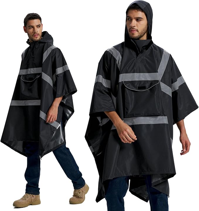 SRsafety Hi Vis Rain Poncho,High Visibility Rain Ponchos for Adults with Pocket,Safety Rain Jacket Stowable Conjoined Cap