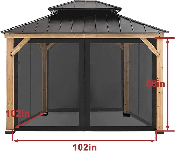 Coastshade Gazebo Canopy Mesh Walls Replacement 8x8 Gazebo Pergola Mosquito Screen Netting for Gazebos with 42Curtain Rings & 42Rail Hooks,Black
