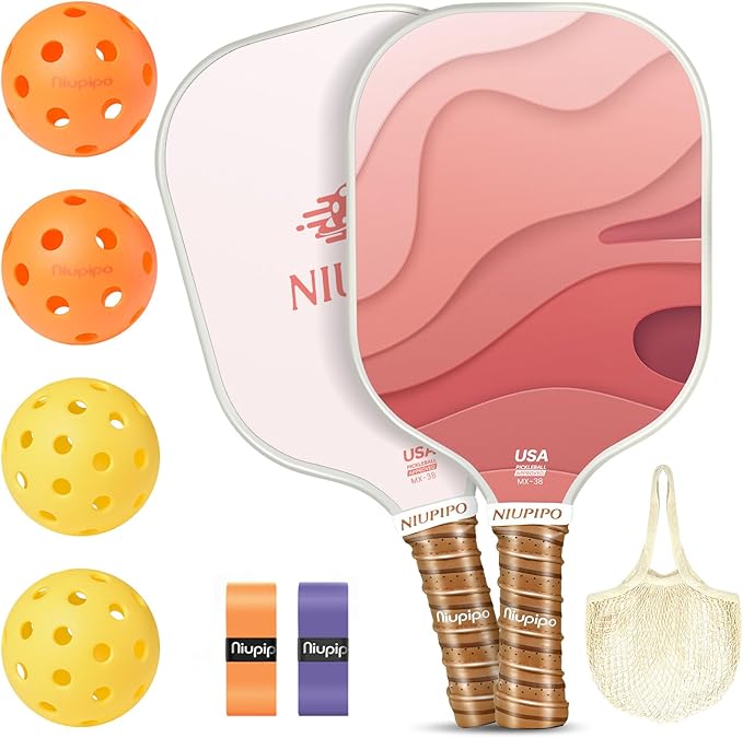 niupipo Pickleball Paddles Set of 2 or 4, USAPA Approved Fiberglass Pickleball Paddle Set with Balls and Bag, Polypropylene Honeycomb Core, Lightweight Pickleball Paddles for Beginners Men Women