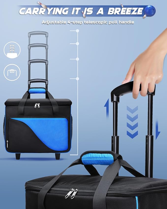 Convertible Bowling Bag with Wheels - Roller Bag for 1 or 2 Balls - EVA Foam Ball Cup - Rolling Tote for Bowling Accessories - Gifts for Youth & Adults