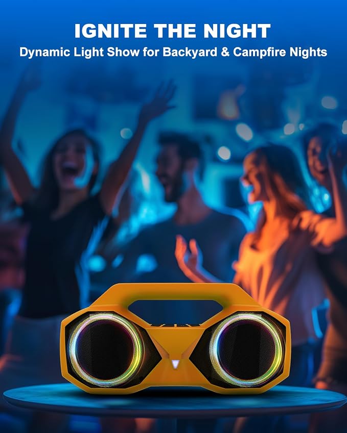 OZJ Bluetooth Speaker Outdoor Loud: 80W(Peak) with Bass, Portable Wireless Speaker with IPX7 Waterproof, 20H Playtime, RGB Lights, TWS for Outside, Beach, Work (Orange)