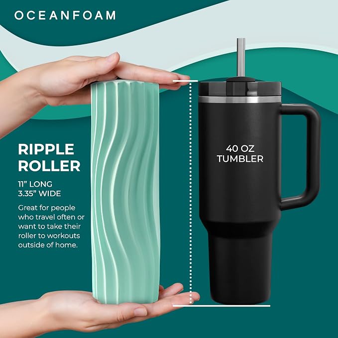 Oceanfoam Ripple Travel Foam Roller (11" x 3.35") Firm Mini Foam Roller for Physical Therapy, Deep Tissue Massage, Back Pain - High Density, Ergonomic Wave Textured - Yoga, Pilates, Exercise (Seafoam)