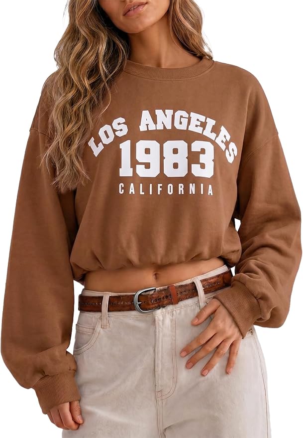 Flowyair Womens Crewneck Sweatshirt Los Angeles Elastic Waist Crop Tops | Long Sleeve, Loose Fit, Fall Spring, Pullover Tops, Round Neck, Elasticated Hem