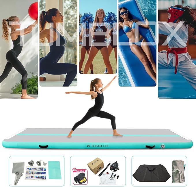 Air Gymnastics Mat Inflatable & Tumbling Mat – 4/8 Inches Thick with Electric Pump + Free Foot Pump – Ideal for Home, Gym, Water, and Beach Use