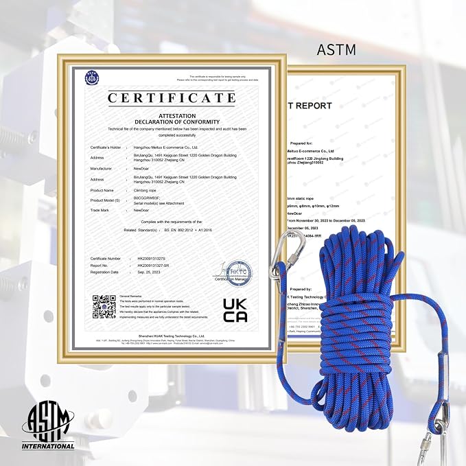 NewDoar Climbing Rope 8(5/16in),10mm (3/8in), High Strength Accessory Cord Rope with 2 Steel Hooks, for Outdoor Rescue Rappelling Rope Down Cliffs ledges Safety Escape Tow Strap Equipment(Blue)