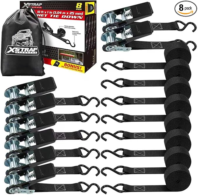 XSTRAP STANDARD 8-Pack Ratchet Tie Down Straps, 1" x 10ft, 900lb Break Strength Heavy Duty Straps for Motorcycles, ATVs, Lawn Equipment, Appliances & Truck Cargo - Black