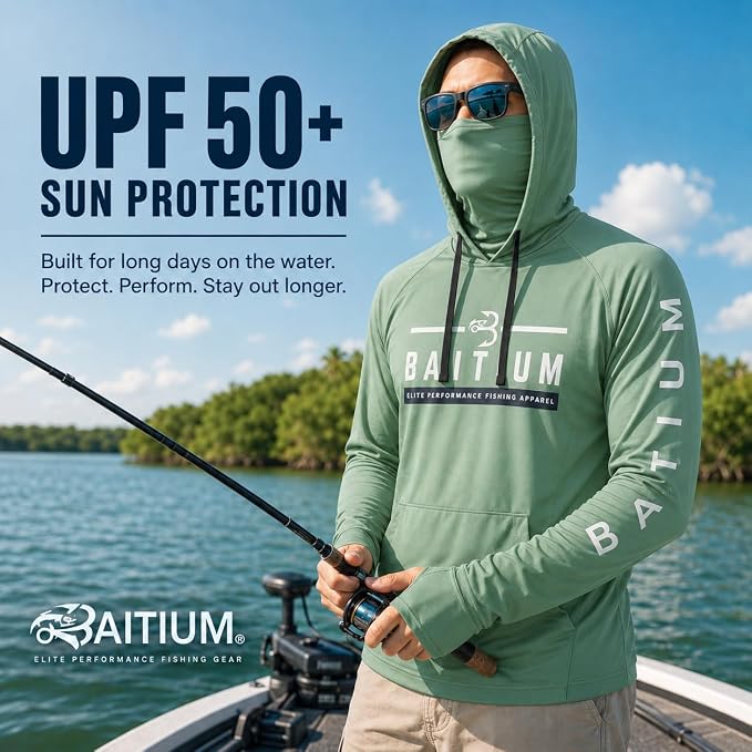 Fishing Shirts for Men,UPF50 Hooded Long Sleeve with Gaiter, Sun Protection Dry Fit Apparel, Face Mask, Fishing Clothes