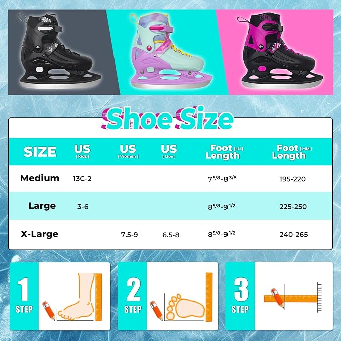Nattork Ice Skates 4 Sizes Adjustable for Kids Boys Girls, Fun Beginner Ice Skating for Outdoor, Soft and Comfortable Hard Protection for Children Youths Teen