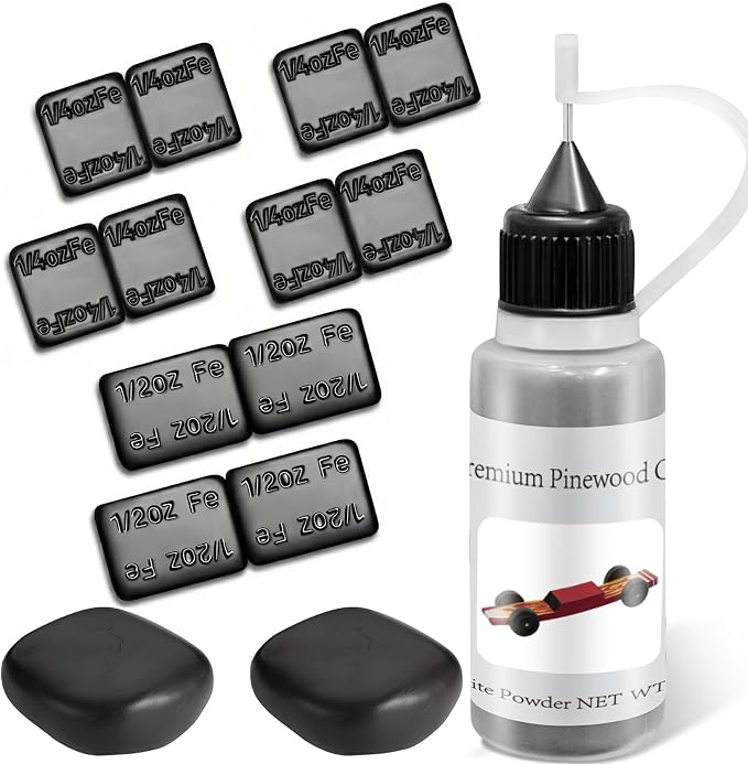 DerbyCraftPro Pinewood Car Weights Kit -5oz Total Derby Car Weights (1oz Tungsten Weights Putty+4oz Derby Weights) & 0.5oz Graphite Powder Lubricant, Lead-Free,Peel & Stick for Precise COG Adjustment