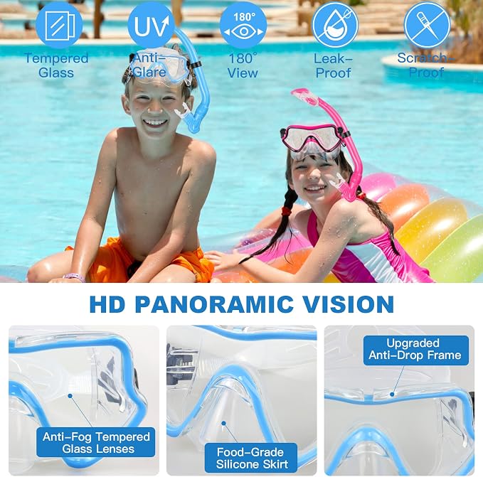 Kids Snorkeling Set - Adjustable Flippers + Panoramic Snorkel Mask + Dry Snorkel Tube + Travel Bags - Suitable for Kids & Juniors, Age 5-14