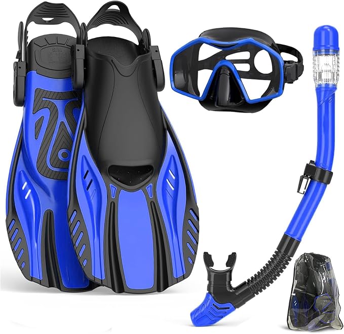 Snorkeling Gear for Adults,Mask Fins Snorkel Set,Panoramic View Diving Mask Anti-Fog,Dry Snorkel,Adjustable Swim Flippers and Travel Bag,Adults Snorkel Gear for Swimming Snorkeling Diving