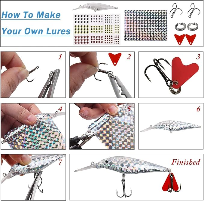 Blank Fishing Lure Kit,Unpainted Popper Plug Lures DIY Crank Bait Set Fishing Pliers Treble Hooks 3D/4D Lure Eyes Bait Sticker Split Rings,Fish Tackle Accessories Kits