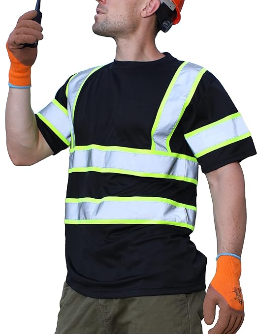 sesafety Men's Black Class 3 Reflective Safety Shirt, High Visibility Work T-Shirt with Chest Pocket, Stain Resistant Hi Vis Tee for Towing, Mechanics