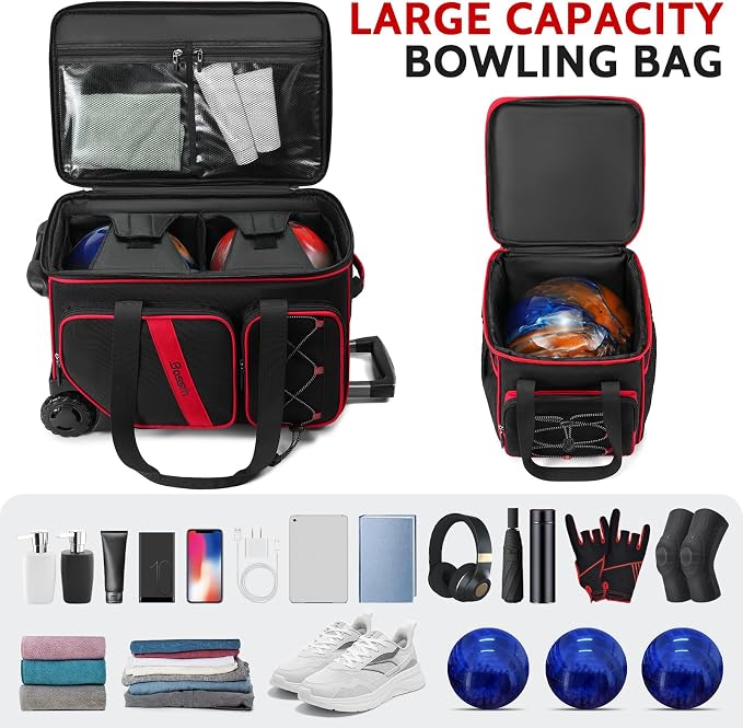 BOSSTIN 3 Ball Bowling Bag with Wheels, 2 Ball Bowling Bags Double roller with 1 Ball Add On Bag, Multi-Pockets & Shoe Compartment (Fits Up to Size 15)