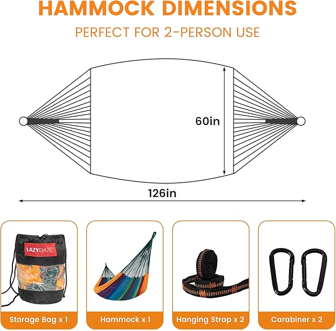Lazy Daze Hammocks Handwoven XL Mayan Hammock, 10.5 FT Soft Rope Double Hammocks, Portable Outdoor Hammock with Carry Bag, 2 Straps & Carabiners for Patio Outside, 550 lbs Weight Capacity, Multi Color
