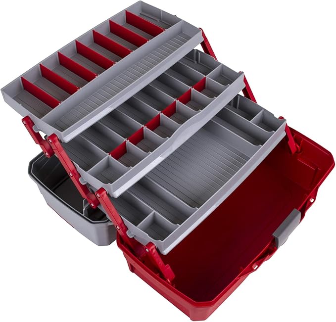 Flambeau Outdoors 6383 3-Tray Tackle Box, 32 Compartments, Red and Gray | Iconic cantilever 3-tray box, 32 compartments with 13 removable dividers, Draw Tite latch, Tip-Guard supports