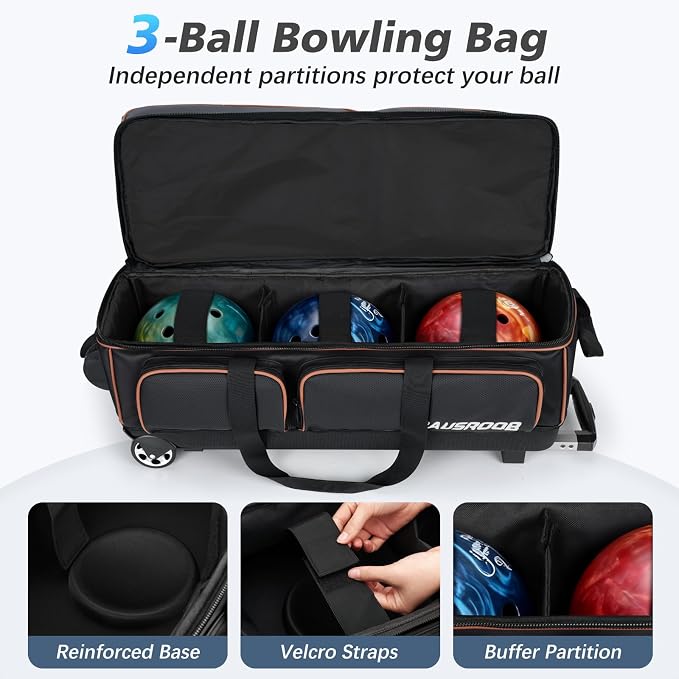 3 Ball Bowling Bags with Wheels, Bowling Bags 3 Ball Roller - 900D Oxford Waterproof PU, Bowling Bag with Multi-Separate Storage Pockets & Retractable Handle Extends to 40''