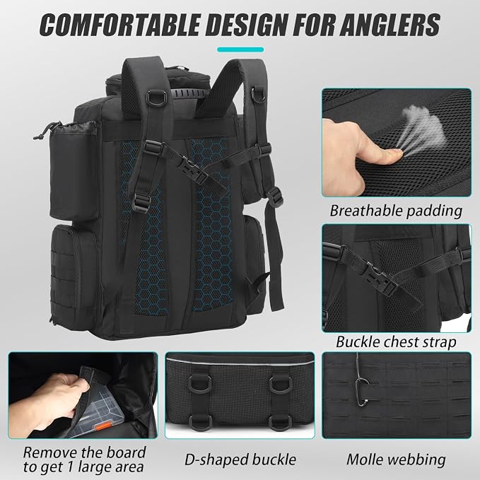 Tactical Fishing Backpack with Tackle Boxes, Rod Holders & Bottle Holder, 50 L Large Tackle Box Backpack with Cooler, Fishing Tackle Bag with Trays Store Gear & Equipment, Black