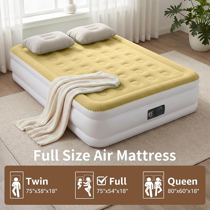 YENING Full Size Air Mattress with Built in Pump Raised Double Blow up Bed Inflatable Camping Airbed Electric 18 Inch Tall Beige