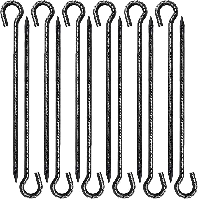 18 Inch Rebar Stakes 1/2" Diameter 12 Pack Heavy Duty Tent Stakes with Loop | Ground Stakes for Camping Canopy Trampoline, Garden Tree Support, Dog Tie Out, Black